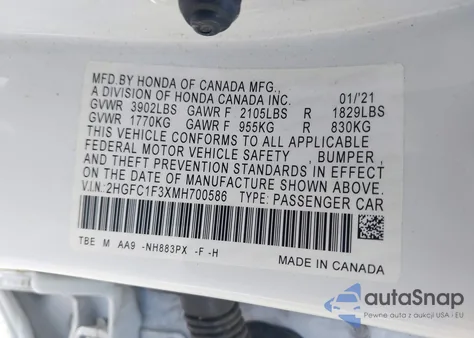 2021 Honda Civic Ex from USA, damaged, VIN 2HGFC1F3XMH700586